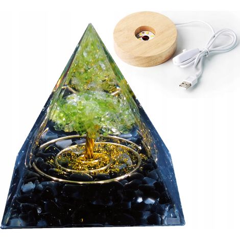 Piramide in orgonite + base per lampada a LED, amuleto con pietre di cristallo da 5 cm, HX14 (1/5)