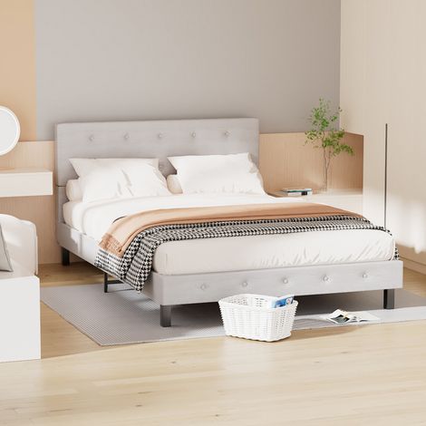 Randaco – Cadre de lit 140x200 cm – Sommier à lattes – Capacité de charge 350 kg – Tête de lit en tissu gris clair – Hauteur 12,5 cm