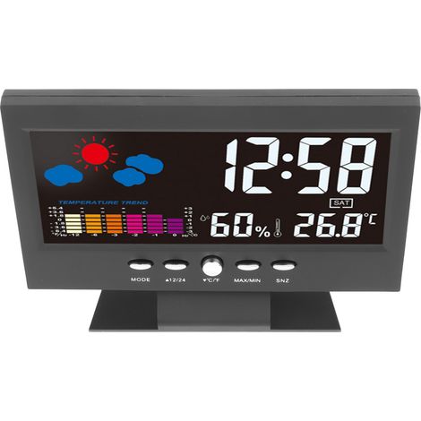 Réveil électronique noir à affichage couleur, détecteur d'humidité et de température, activation sonore, pour la chambre à coucher. (1/5)