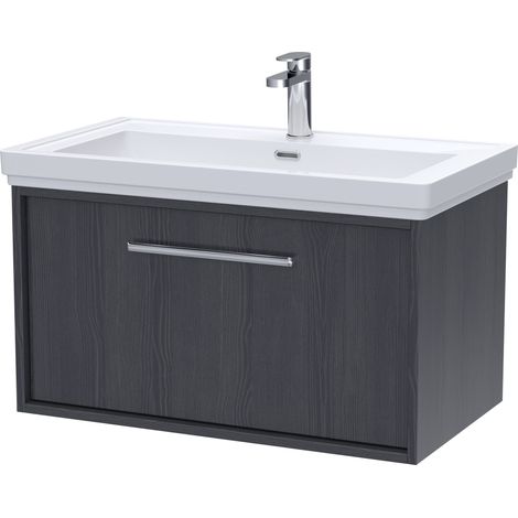 Sturbridge Contemporary 1 Drawer Wall Hung Vanity Unit with Traditional 1 Tap Hole Fireclay Basin , 800mm, Graphite Grey Woodgrain