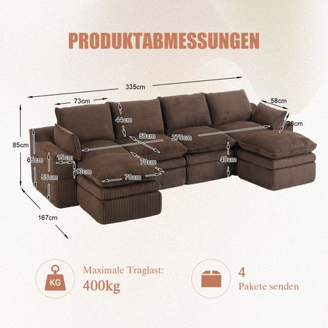 Canapé 4 places velours côtelé marron, mousse triple densité rebond rapide. Coussins et poches latérales pour salon et bureau