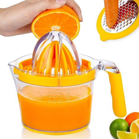 1 Presse-agrumes multifonctionnel, verre doseur 590 ml, râpe et séparateur d'œufs, poignée silicone, pour cuisine et voyage (1/5)