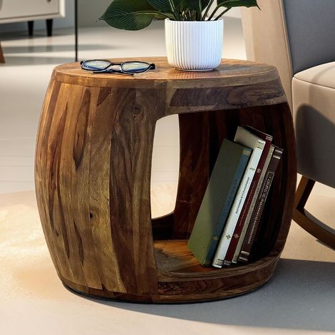 Table d'appoint ronde 1 niche 50x40 cm en bois de sheesham massif (1/5)