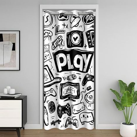 Rideau de Porte Ado Garcon Gaming, Rideaux Occultant 106x203 Enfant Gamer Chambre Gaming, Rideau de Placard Jeux Vidéo Manette de Jeu, Rideaux Intérieurs Graffiti Noir et Blanc - 106L X 203H cm (1 Pan (1/5)