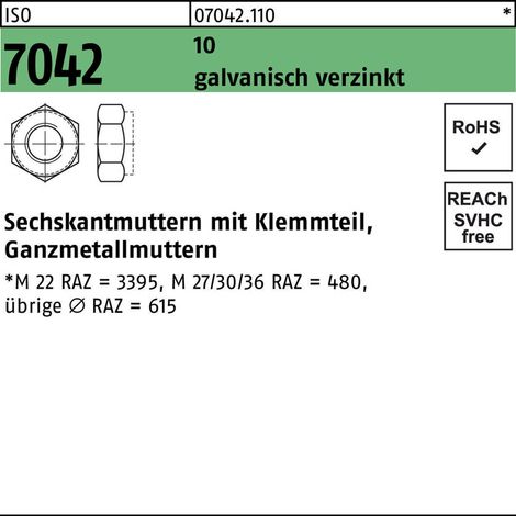 Selbstsichernde Sechskantmutter ISO 7042 M 14 x 2 Stahl galvanisch verzinkt 100 Stk