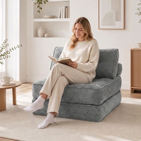 Fauteuil Convertible 1 Place 95x220 cm, 2 Oreillers, Lit Chauffeuse 3 en 1, Gris Clair (1/5)