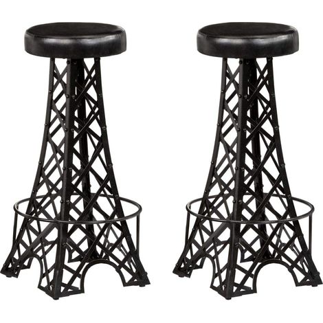Lot de deux tabourets de bar design chaise siège cuir véritable noir (1/4)