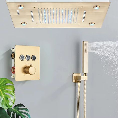 Système de douche thermostatique, ensemble de douche à effet pluie LED, robinet de douche en laiton avec douchette, doré (1/5)
