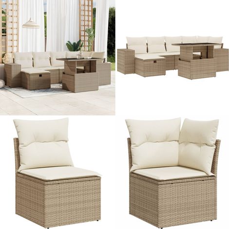 Salon de jardin avec coussins 7 pcs beige résine tressée - Ensemble Salon De Jardin - Mobilier De Jardin - Canapé Jardin - Table Basse Jardin - Chaise Jardin - Home & Living (1/5)