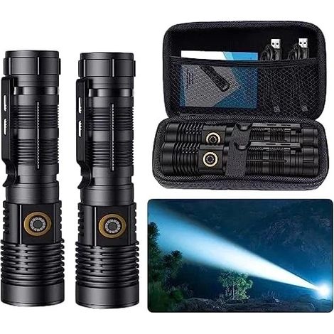 Lot de 2 petites lampes torches tactiques, faisceau LED longue portée de 1500 mètres, rechargeables par USB, zoomables, magnétiques, 5 modes, idéales pour la randonnée et le camping. (1/4)