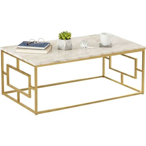 Dmora - Wohnzimmertisch Dhelgaso, Niedriger Wohnzimmertisch, Kaffeeregal, Couchtisch für Sofa, 100x60h40 cm, Weißer Marmor und Gold