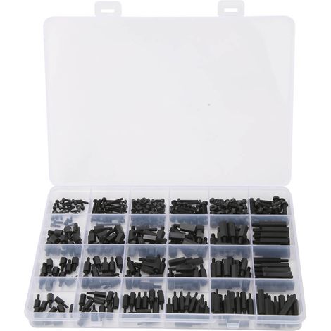 Kit d'assortiment de 360 vis et écrous d'entretoise hexagonaux mâles et femelles en nylon noir M2/M2.5/M3 (1/5)