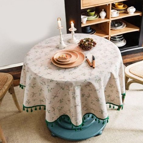 Mantel redondo con borlas estampadas - Mantel decorativo - Ideal para mesas de comedor, salones y picnics (beige) - Algodón y lino (150 cm) (1/4)