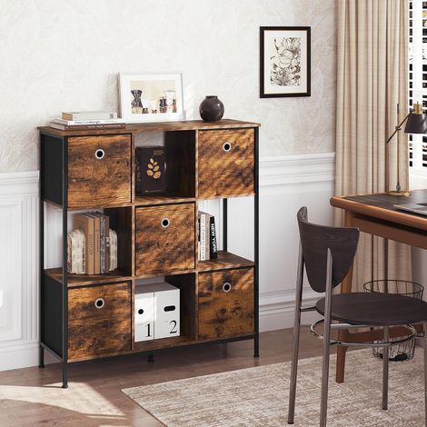 WOLTU Scaffale in Legno con 4 Cubi Aperti e 5 Cassetti in Tessuto non Tessuto Marrone Rustico (1/5)