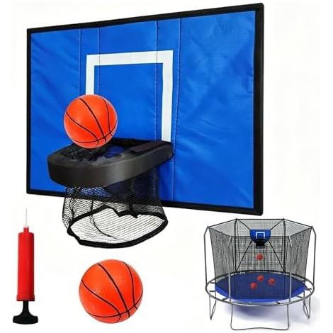 Cerceau de basket-ball pour trampoline, panier souple avec fixations – Comprend 1 ballon et pompe cour, jardin, pelouse, salle sport, accessoires trampoline bleu -