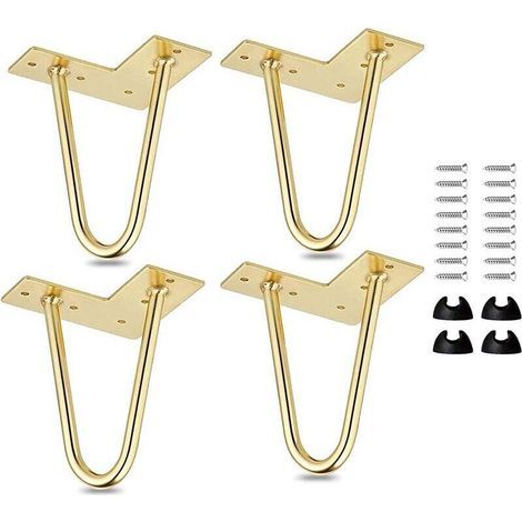 Lot de 4 pieds de table en épingle à cheveux de 10 cm, pieds de meubles modernes en métal avec protections de sol et vis pour table basse et meuble TV (1/4)