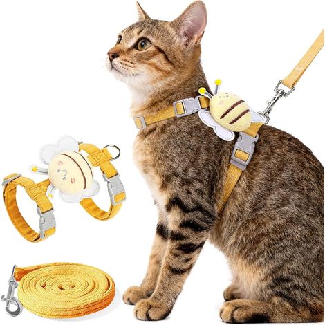 Harnais Pour Chat - Rétractable - Anti-Échappement - Réglable Cou Et Poitrine - Polyester-Coton - Jaune Avec Imprimé Abeille - Taille S Ou M - 1 Pièce (1/5)