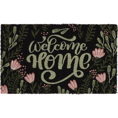 Esschert Desgin Türmatte Vintage Welcome Home & Blumen Schwarz 75 x 45 cm - Kokos & PVC