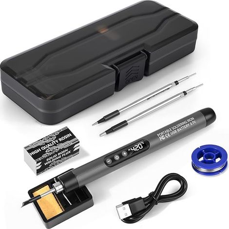 Wireless Soldering Iron Kit, USB Rechargeable Battery Soldering Iron, Adjustable Temperature from 500°F to 788°F, 3 Soldering Tips, Soldering Wire, Soldering Paste, Electronic Soldering Kit (1/5)