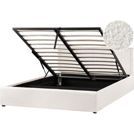 Cama con almacenaje elevable tapizada de bouclé blanco 160 x 200 cm Montlaur (1/5)