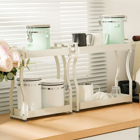Étagère blanche de bar à café pour boîtes hermétiques et tasses à latte art, idéale pour la maison, le coin café et l'évier de la cuisine. Modèle à double niveau, 40 cm. (1/5)