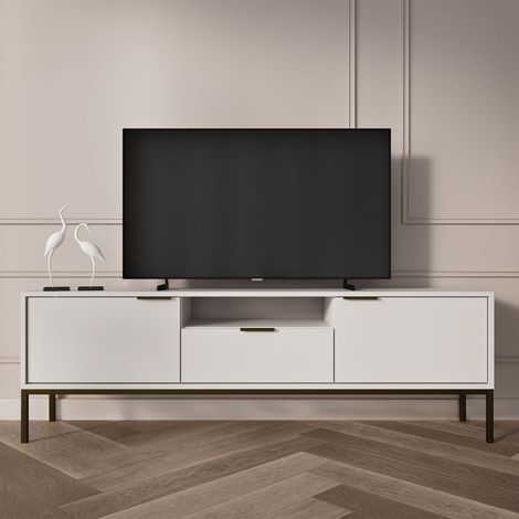 Meuble TV 2 portes 1 tiroir 135x33x56,4 cm blanc et métal noir - AUZTY
