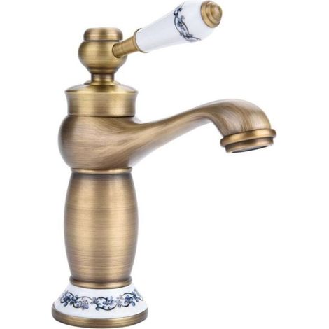 1pc Robinet Antique Vintage En Laiton Avec Porcelaine Bleue Et Blanche, Robinet Mélangeur À Col Long Pour Salle De Bain/Cuisine, Lavabo D'Eau Froide Et Chaude (1/4)
