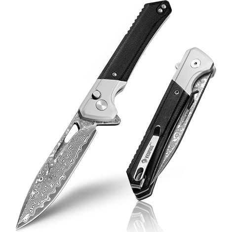Klappmesser Damaststahl VG10 67 Lagen, 8.5cm Klinge, G10 Griff, Button-Lock
