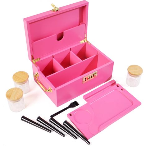 Grande boîte en bambou avec serrure à combinaison, boîte de rangement décorative pour la maison, mise à niveau avec poignée, pochette anti-odeurs, 3 bocaux en verre, 4 tubes, brosse (rose) (1/5)