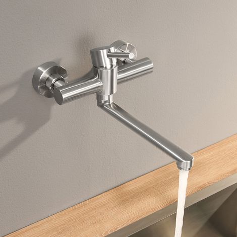CECIPA MAX Grifo de cocina de pared, mezclador de cocina de acero inoxidable con caño largo, grifo de fregadero de pared, acabado cepillado (1/5)