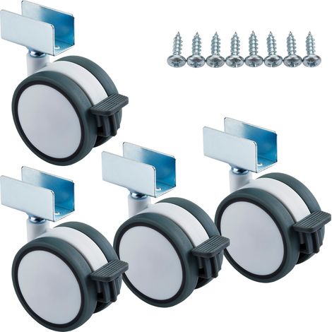 SOTECH 4er Set Möbelrolle Hamm Ø 63 mm Höhe 74,5 mm, weiß/grau, 35Kg Tragkraft, U-Profil für 19 mm Wandstärke, mit Bremse, Möbeltransportrolle inkl. Befestigungsschrauben