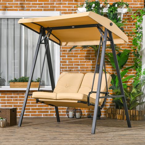 Balancelle de jardin 2 places en acier beige avec toit pare-soleil inclinable, coussins rembourrés, 138 x 106 x 174 cm (1/5)