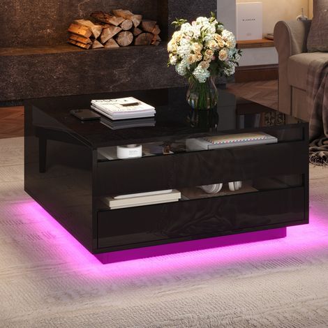 Table basse noire relevable 70x70x38 cm - LED, 1 tiroir et portes rabattables, rangement caché et design brillant pour salon (1/5)