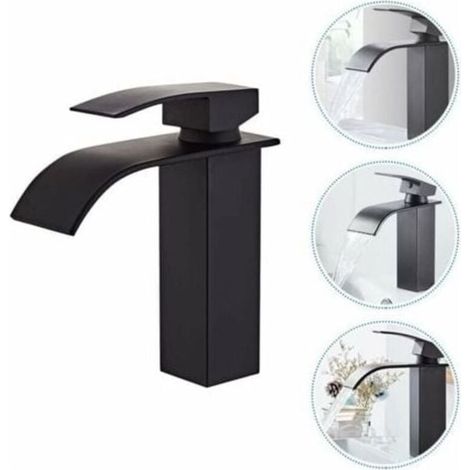 Waschtischarmatur mit zwei Zulaufrohren, Warm- und Kaltwasseranschluss, modernes Wasserfall-Design, robustes Ventilgehäuse aus schwarzem Kupfer (1/4)