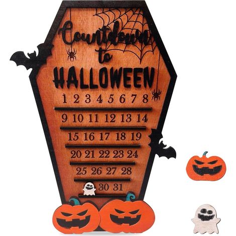 Calendrier de l'Avent d'Halloween, calendrier de l'Avent amusant en forme de cercueil avec bloc mobile chauves-souris, citrouilles et fantômes en bois (1/5)