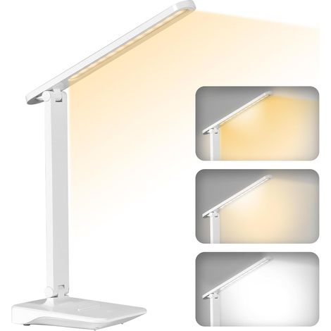 Lampe de Bureau LED, Sans Fil Avec 2400mAh Batterie, 3 Modes de Températures & Luminosité Réglable 15 à 100%, Pliable, Contrôle Tactile, Protection des Yeux, pour Chevet, Bureau, Enfants