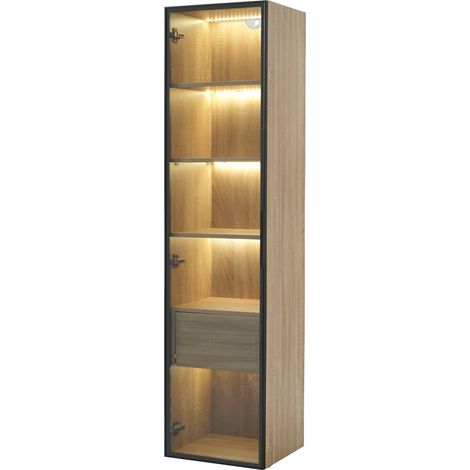 Armoire de salle de bain 40 cm avec porte en verre trempé, 1 tiroir et éclairage intégré (1/5)