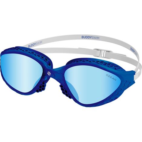 Occhialini da nuoto BuddySwim per acque libere, colore Ozean, blu navy, bianco e azzurro.