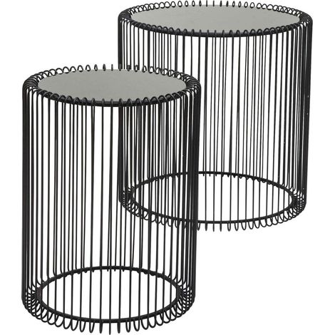 Kare Design Tavolino D'Appoggio Wire Nero, Set Da 2 Pz, Dimensioni Differenti, Grande Di Ø39, Quello Piccolo Ø27Cm, Vetro, Cesta D`Acciaio (1/4)