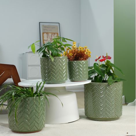 Maceta de cerámica Ø31,6 cm verde salvia brillante con relieve de chevrones (1/5)