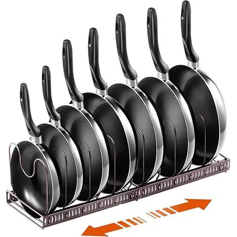 2-in-1 Topfhalter, Pfannenorganizer, Topf- und Tellergestell mit 7 verstellbaren Fächern für Töpfe und Deckel (Braun) (1/5)