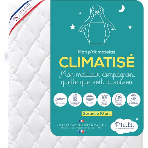 Matelas bébé climatisé 60x120 cm – 10 cm d'épaisseur – 2 faces réversibles – Face été en coton ventilé – Face hiver ouatinée – Anti acarien – P'Tit Lit