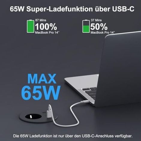 Multiprise encastrable avec port USB-C 65 W, multiprise de bureau équipée d'une prise Schuko, de deux ports USB-A, de deux ports USB-C et d'un câble d'alimentation de 2 m, pour une dé (1/4)