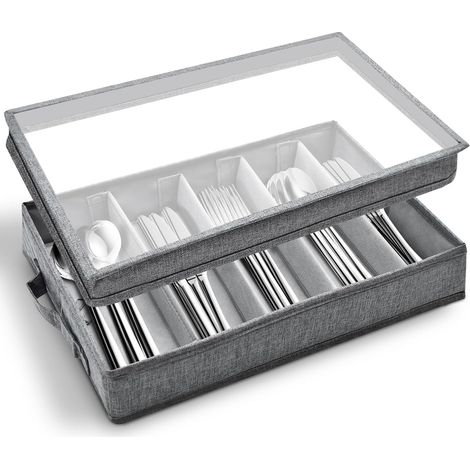 Cutlery Tray with Lid, Kitchen Cutlery Storage Box, Adjustable Compartments, Kitchen Storage for Camping, Travel, Grey (1/5)
