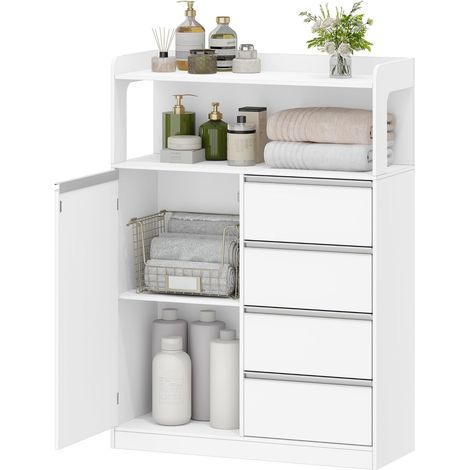Meuble Salle de Bain, Meuble Salle de Bain Rangement, 30 x 80 x 110 cm, Placard de Rangement avec 4 Tiroirs, Armoire Haut Salles de Bains, Étagères Réglables, Salles de Bains, Blanc-Argent (1/5)