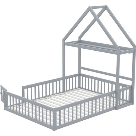Letto bambino a casetta 140 x 200 grigio con contenitore, sponda completa e rete (1/5)