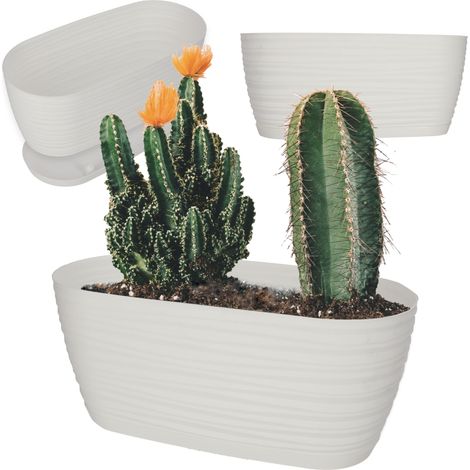 KADAX Vaso da fiori in plastica con sottovaso, vaso moderno con elegante motivo ondulato per decorazioni floreali (ovale, bianco, 27 cm) (1/5)