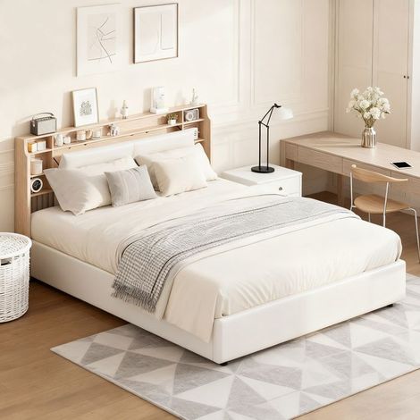 Cama con cofre 140x190 - TIUON - LED integrado - Cofre hidráulico y almacenamiento - Similcuero PU blanco