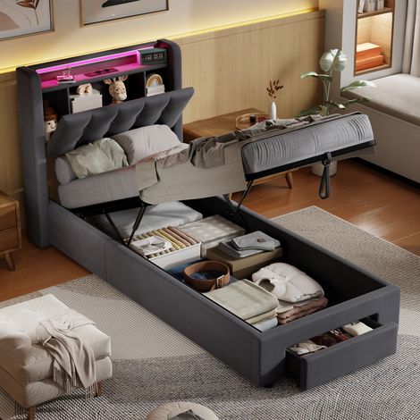 lit coffre 90x190 cm, lit enfant avec LED et 1 tiroir, USB, lit capitonné en gris velours, sans matelas (1/5)