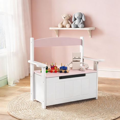 Banquette de rangement enfant en MDF rose et blanc 68,5 x 34 x (1/5)